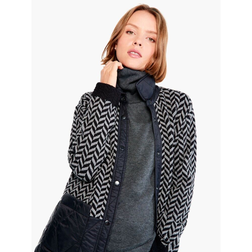 NWT Nic+Zoe‎ Quilted Mix Media Coat Size SMALL Knit Black Patch Pocket